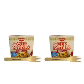 Nissin Cup Noodles Beef Flavor with Wooden Fork - 2.25 oz 64 g Ramen Noodle 2pk