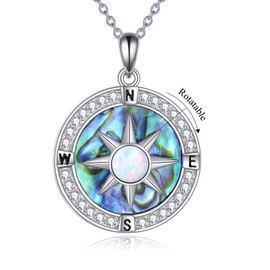 DAYLINLOVE Compass Necklace 925 Sterling Silver Opal Abalone Shell Compass Pendant Necklace Compass Jewelry Gift for Women