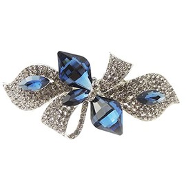 Sparkly Womens Girls Crystal Rhinestone Diamante Wedding Birthday Party Evening Ponytail Fine Hair Accessories Evening Barrette Hairpin Grip French Metal Spring Clip Gold Tone Ribbon Bow (Navy)