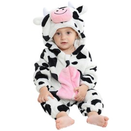 HAHASHOW Baby Winter Romper Pyjamas Baby Flannel Playsuit with Hood Animal Jumpsuit for Boys and Girls 3-36 Months, cow