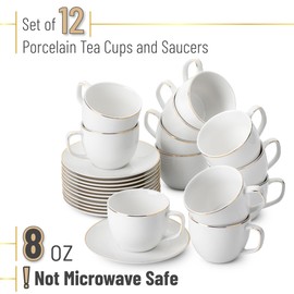 BTaT- Tea Cups and Saucers with Gold Trim, Set of 12, 8oz, White Porcelain Tea Cups