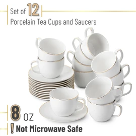 BTaT- Tea Cups and Saucers with Gold Trim, Set of 12, 8oz, White Porcelain Tea Cups