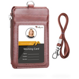 Teskyer Brown ID Card Holder with Strap Zipper PU Leather 1 Clear ID Window and 3 Card Slots