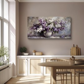 SERIMINO Large Wall Art for Living Room, Still Life Flowers Canvas Prints, Purple Floral Botanical Decor Paintings, Modern Aesthetic Pictures Wall Decor, Farmhouse Kitchen Artwork 30"X60"