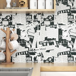 Mangoloo Vintage Black Wallpaper Peel and Stick Newspaper White Contact Paper for Cabinets Self Adhesive Removable Wallpaper Kitchen Bathroom Bedroom Black Contact Paper Apartment 17.5"x102"