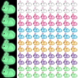 Suzile 98 Pcs Easter Luminous Mini Resin Bunny 7 Colors Tiny Small Glow in The Dark Rabbit Miniature Bunnies Figures for Garden Miniature Moss Landscape Decor Easter Egg Fillers Party Favors