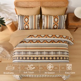 Dinjoy Boho King Size Bed in A Bag 7 Pieces,Yellow Brown Comforter Set Aztec Striped Bedding Set Summer Patchwork Complete Set Geometric Pattern Comforters for Women 90"×104"