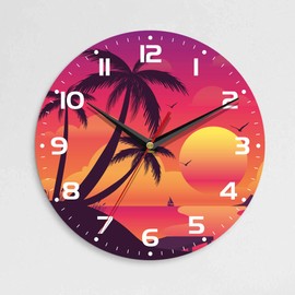 ENUIEO Wall Clock, 10 Inch Silent Non-Ticking Home Kitchen Decor, Battery Operated for Bathroom Bedroom Living Room Office(Tropical Palm Sunset)