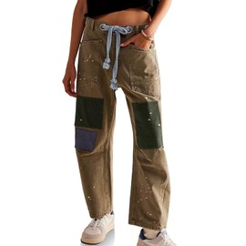 PLNOTME Womens Baggy Barrel Horseshoe Jeans Wide Leg Patchwork Low Rise Denim Pants with Pockets Khaki