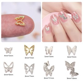 SILPECWEE 100pcs Butterfly Nail Charms 3D Gold Silver Butterflies for Nails Alloy Nail Art Charms Hollow Nail Studs Nail Jewels Nail Decoration for Acrylic Nails