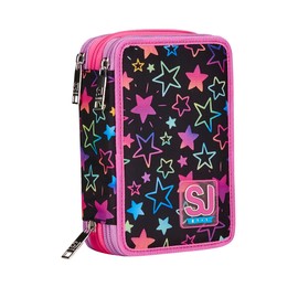 SJ GANG STYLE JAM GANG Pencil Case, Multicoloured, Pencil Case for Stationery, Case with Pens, Ballpoint Pens, & More, 3 Compartments, Girls & Boys, School - Primary School, Black Stars