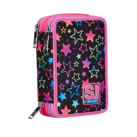 SJ GANG STYLE JAM GANG Pencil Case, Multicoloured, Pencil Case for Stationery, Case with Pens, Ballpoint Pens, & More, 3 Compartments, Girls & Boys, School - Primary School, Black Stars