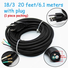 18/3 20Ft Vintage Electrical Wire with Plug Lamp Cord Rayon Covered Braided Black 18 AWG 3 Conductor 20 Feet Flexible Fabric Pendant Lighting Power Antique Cable(10A)