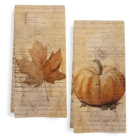 GWFSJYU Vintage Fall Kitchen Towels Set of 2, Pumpkin Leaves Dish Tea Towels for Kitchen, Autumn Fall Decorative Hand Towel for Bathroom, Farmhouse Fall Decor, 16x24 Inch