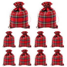 AOVNA 10Pcs Christmas Tartan Gift Bag Favour Bags Scottish Plaid Drawstring Gift Bags Xmas Wrapping Bags Candy Gift Bags Storage Sacks Reusable Fabric Sacks Party Decorations