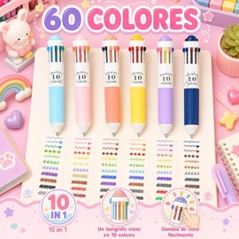 6 PCS 60 Color Bolígrafos Multicolores 10 en 1 de 0.8 mm, Bolígrafo Retráctil de Colores,Multicolor para Pintura, Dibujo, Oficina y Material Escolar, 