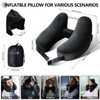 Inflatable Neck Pillow for Airplane Travel with Hoodie, Portable Neck Support for Long Haul Flights Sleeping Napping, with Soft Velour Cover Hat, Travelling Sleep Essentials for Plane Car Train