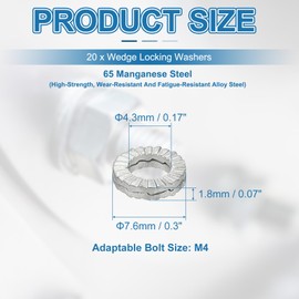 PATIKIL Wedge Locking Washers, 20 Pack Manganese Steel Vibration Resistant Safety Washers for M4 Bolts Screw (4.3 x 7.6 mm ID*OD)