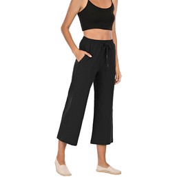 Famulily Linen Pants Women Cotton High Waist Drawstring Loose Capri Pants Lounging Pants Black L