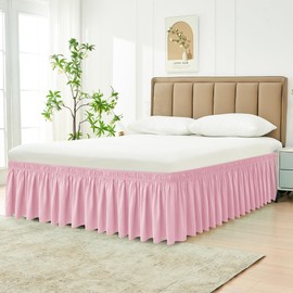 Biscaynebay Wrap Around Bed Skirts for Full & Full XL Beds 15" Drop, Pink Adjustable Elastic Dust Ruffles Easy Fit Wrinkle & Fade Resistant Silky Luxurious Fabric Machine Washable