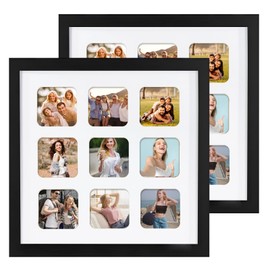 2 Pack 10 Inch Black Square Multi Aperture Photo Frames, 9 Opening Collage Picture Frame for 2x2 Photos, Wall & Tabletop Display for Home Decor
