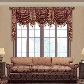 Loom and Mill Luxury Waterfall Valances for Living Room, Classic Jacquard Thick Swag Curtains Valance with Tassels for Bedroom Windows Party Banquet Christmas Decor (Wine Red, W79 Inch, 1 Panel)