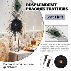 CROWN GUIDE Luxury Peacock & Ostrich Feather Quill Pen - Elegant Wedding Guest Book Pen, Gatsby/HP Party Supplies, Vintage Calligraphy Bridal Shower Gift with Gemstone & Rhinestone Accents (13",Black)