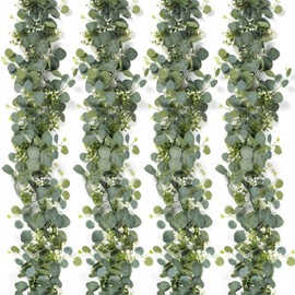 SOMYTING Eucalyptus Garland with White Flowers 4 Packs 5.9Ft Eucalyptus Leaves Gypsophila Garland Artificial Greenery Garland Vines Table Runner for Wedding Arch Mantle Home Party Room Decor (4PCS)