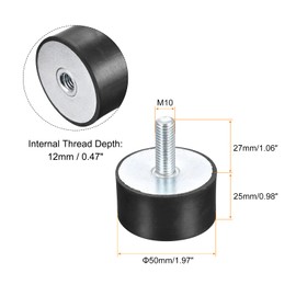 sourcing map Rubber Bearing M10 External / Internal Thread Vibration Insulator Shock Absorber D50 mm x H 25 mm Pack of 2