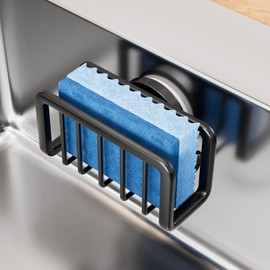 TAILI Sponge Holder for Kitchen Sink with Strong Suction Cup, Removable Sponge Holder, Rustproof Aluminum Sink Caddy for Sponges, Dish Brush - Black