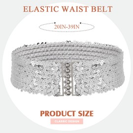BODIY Women Stretch Wide Waist Belt Sequin Elastic Dress Belts Sparkly Waistband Cinch Belt, Silver, free size