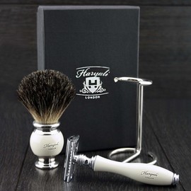 Haryali London Double Edge Safety Razor With Black Badger Hair Shaving Brush and Stainless Steel Stand Perfect Shaving Kit For Mens
