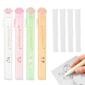 QOWIJEX Set of 3 Pencil Style Erasers, Cute Cat Paw Design, 3 Retractable Erasers + 3 Refill Erasers, Refillable Precision Erasers for Pencils, Drawing, Learning, Office