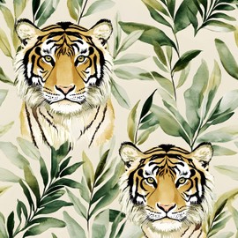 Jungle Tiger Peel and Stick Wallpaper Beige Green Animals Contact Paper 17.5in x 32.8ft, Vinyl Removable Wall Paper Mural Self Adhesive Waterproof Boho Forest Modern for Kitchen Bathroom Cabinet