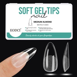 EODCI Medium Almond Nail Tips, 600pcs Soft Gel X Nail Tips Pre-Shaped Acrylic Fake Nails, Half Matte Full Cover Clear Gelly Press on Flase Nail Tips for Extension Nail Manicure 12 Sizes Gelly Tips
