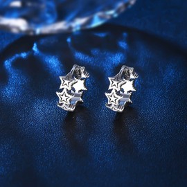 MICMIF Black Silver Star Hoop Earrings for Women Girls, 925 Sterling Silver Stars Silver Hoop Huggie Hoop Earrings Hypoallergenic Small Hoop Earrings Mens