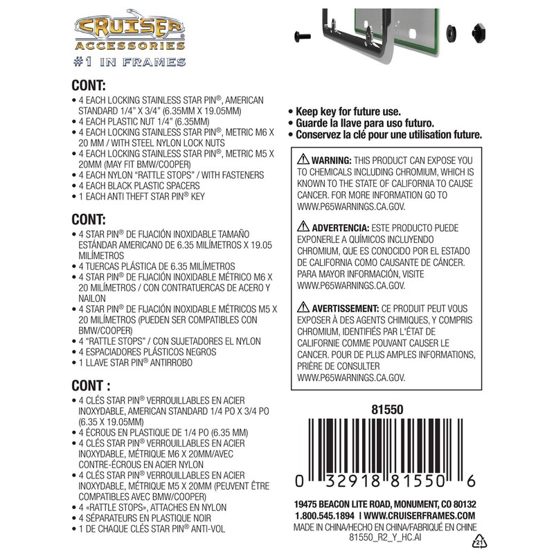 Cruiser Accessories 81550 License Plate Ultimate Kit Locking Fasteners, Black