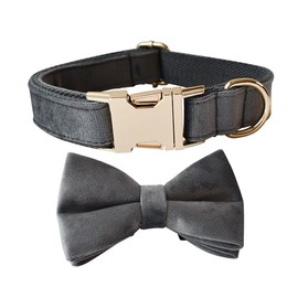 Love Dream Bow tie Dog Collar, Velvet Dog Collars with Detachable Bowtie Metal Buckle, Soft Comfortable Adjustable Bow Tie Collars for Small Medium Large Dogs (Medium, Dark Grey)