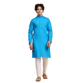 SKAVIJ Men's Pure Cotton Solid Kurta Pajama Set Mandarin Collar Daily Wear Casual Yoga Dress (KP022turquoise_Turquoise_S)