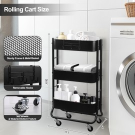 MAX Houser Slim 3-Tier Rolling Utility Cart, Narrow Metal Storage Cart with Wheels, Multifunctional Organizer Cart, Bathroom Storage Cart with Extra Hook, Laundry Room, Kitchen, Small Space(Black)