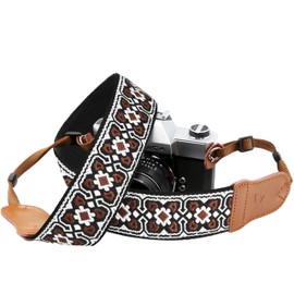 Padwa Lifestyle Camera Strap - 2" Cowhide Leather Head Embroidered Cotton Camera Straps for Photographers,Vintage Neck Shoulder & Crossbody Adjustable Padded Strap for DSLR SLR Mirrorless Cameras