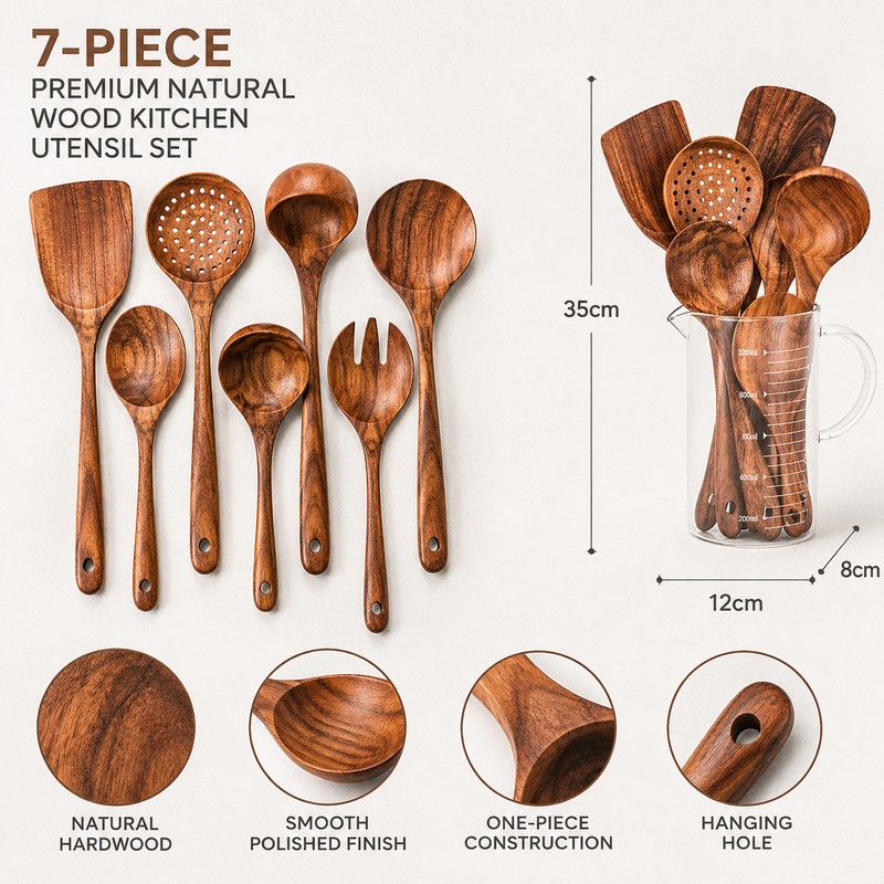 7-Piece Wooden Kitchen Utensil Set for Everyday Cooking - Non-Scratch