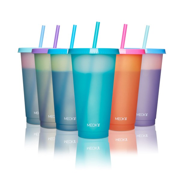 Meoky 12Pack Plastic Cups with Lids and Straws 24oz Reusable Color Changing Cups for Adult Kids Cold Coffee Drinking Tumblers Summer Party Cups