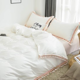 Softta Boho Bedding Set Tassel Fringed Twin XL Size 3Pcs 100% Washed Cotton Duvet Cover Set Vintage and Elegant Ruffle Duvet Covers White Ruffle with Zipper Closure Khaki Colorful Small Tassels