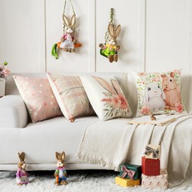 Volcanics Set of 4 Easter Pillow Covers 18x18 Inch, Bunny Floral Buffalo Plaid Be Hoppy Throw Pillow Covers, Polka Dot Bird Be Kind Cushion Cases, Farmhouse Easter Decor for Sofa Couch