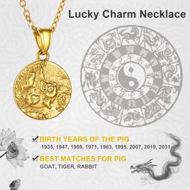 GOLDCHIC JEWELRY Layered Disc Coin Necklace Gold Plated Chinese Zodiac Pig Pendant for Women Good Luck Charm Necklace in Chinese Culture Elment