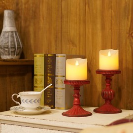 SOFFEE DESIGN 2 Pcs Antique Resin Pillar Candle Holder Sets, Vintage Cylindrical Candlestick Stand Home Decor for Dining, Living Room, Mantel, Table Centerpiece, Retro Red Candleholder Decor