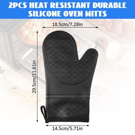 2er Set Rutschfester Topfhandschuhe Silikon, Hitzebeständig Bis 250°C, 30cm Lange, Ofenhandschuhe Schwarz mit Weichem Baumwollfutter, Langlebige Silikon-Handhandschuhe für Kochen, Backen, Grillen