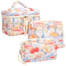 PAZIMIIK 3PCS Makeup Bag SET Large Travel Quilted Zipper Soft Cosmetic Case Pouch for Women Girls Make Up,Little Bunny