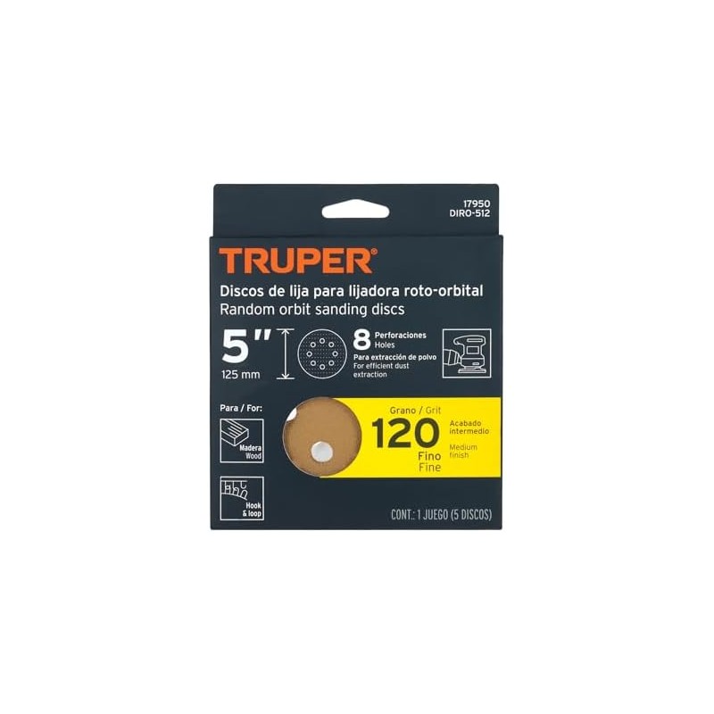 Truper DIRO-512, Disco de lija roto orbital 5", grano 120,